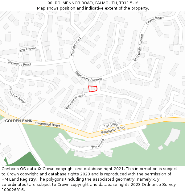 90, POLMENNOR ROAD, FALMOUTH, TR11 5UY: Location map and indicative extent of plot