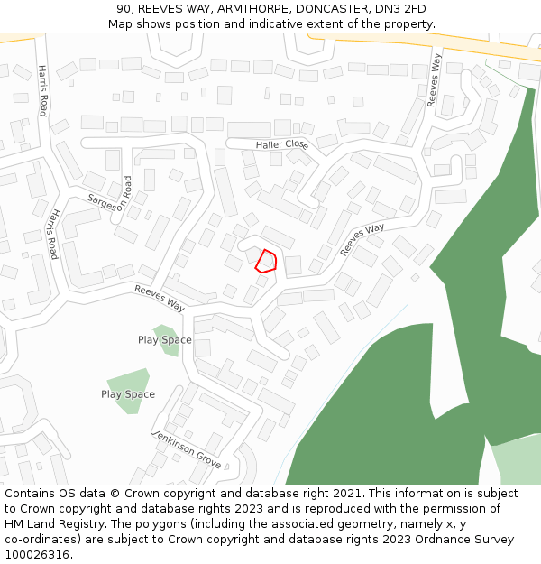 90, REEVES WAY, ARMTHORPE, DONCASTER, DN3 2FD: Location map and indicative extent of plot