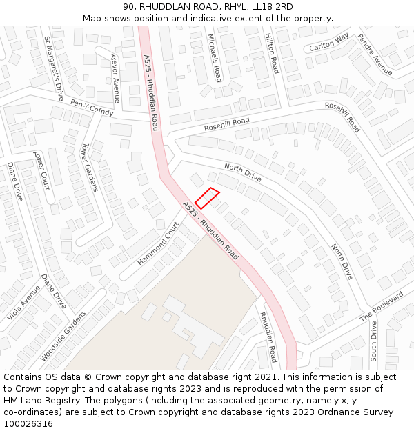 90, RHUDDLAN ROAD, RHYL, LL18 2RD: Location map and indicative extent of plot