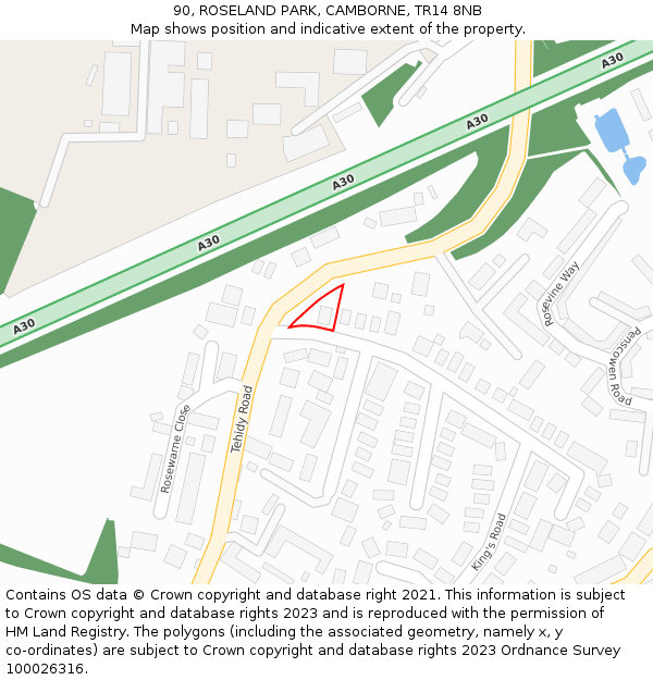 90, ROSELAND PARK, CAMBORNE, TR14 8NB: Location map and indicative extent of plot