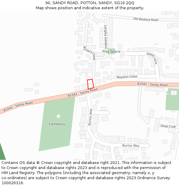 90, SANDY ROAD, POTTON, SANDY, SG19 2QQ: Location map and indicative extent of plot