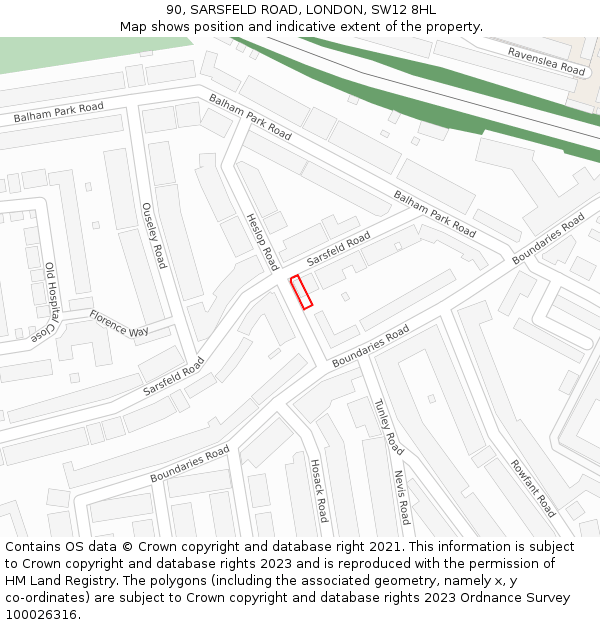 90, SARSFELD ROAD, LONDON, SW12 8HL: Location map and indicative extent of plot