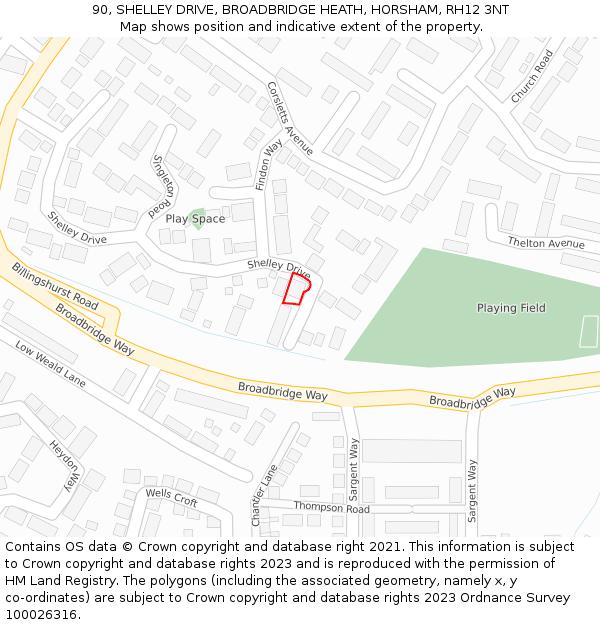 90, SHELLEY DRIVE, BROADBRIDGE HEATH, HORSHAM, RH12 3NT: Location map and indicative extent of plot