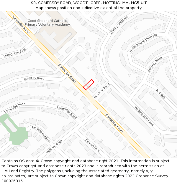 90, SOMERSBY ROAD, WOODTHORPE, NOTTINGHAM, NG5 4LT: Location map and indicative extent of plot