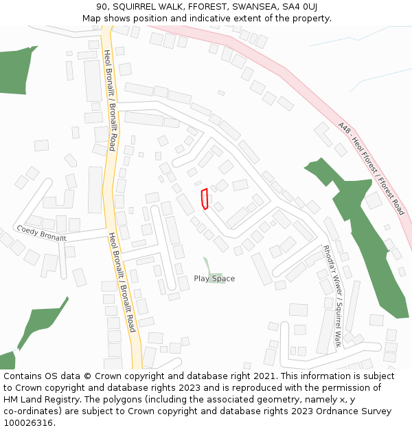 90, SQUIRREL WALK, FFOREST, SWANSEA, SA4 0UJ: Location map and indicative extent of plot