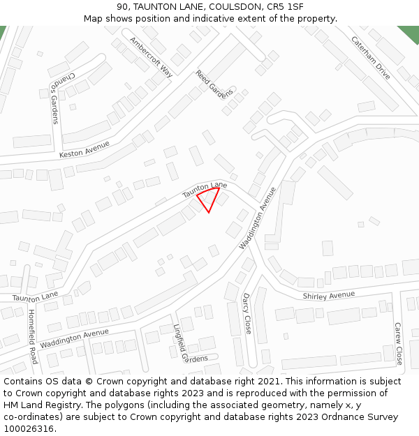 90, TAUNTON LANE, COULSDON, CR5 1SF: Location map and indicative extent of plot