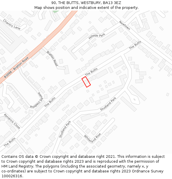 90, THE BUTTS, WESTBURY, BA13 3EZ: Location map and indicative extent of plot