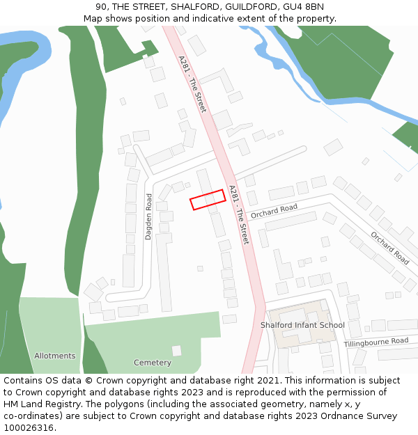 90, THE STREET, SHALFORD, GUILDFORD, GU4 8BN: Location map and indicative extent of plot