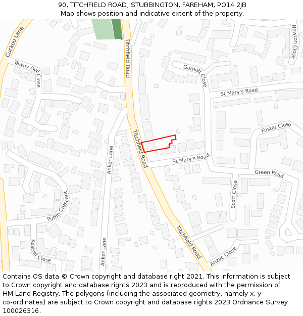 90, TITCHFIELD ROAD, STUBBINGTON, FAREHAM, PO14 2JB: Location map and indicative extent of plot