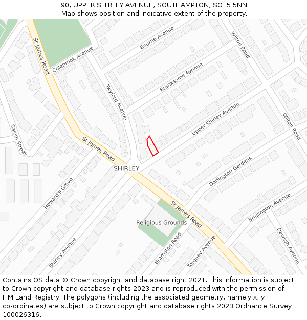 90, UPPER SHIRLEY AVENUE, SOUTHAMPTON, SO15 5NN: Location map and indicative extent of plot