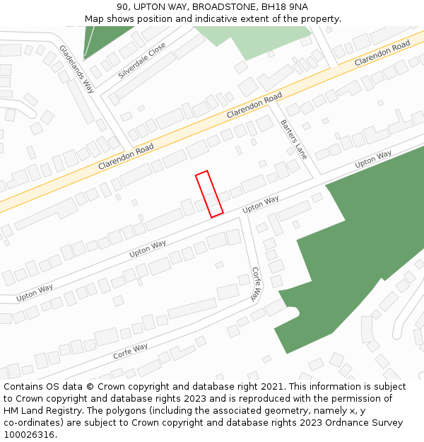 90, UPTON WAY, BROADSTONE, BH18 9NA: Location map and indicative extent of plot