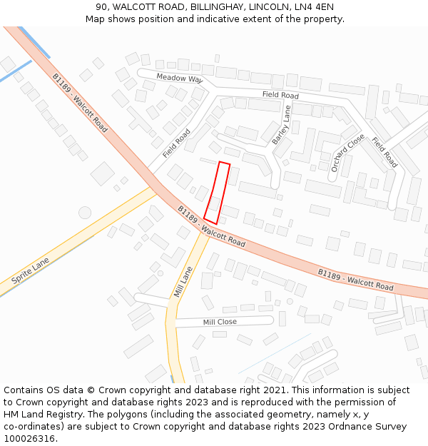 90, WALCOTT ROAD, BILLINGHAY, LINCOLN, LN4 4EN: Location map and indicative extent of plot