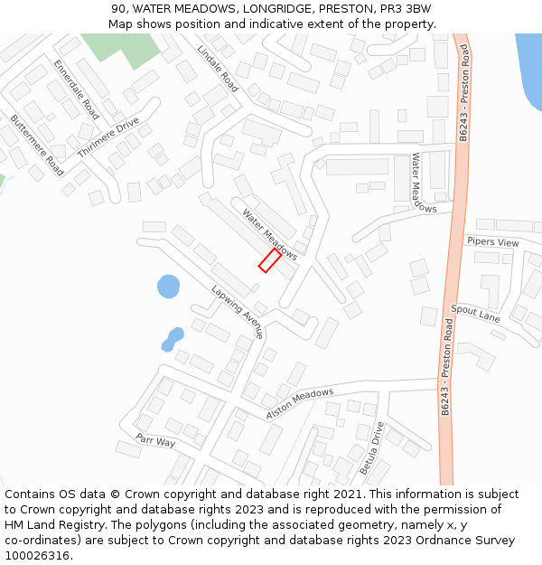 90, WATER MEADOWS, LONGRIDGE, PRESTON, PR3 3BW: Location map and indicative extent of plot