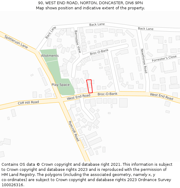 90, WEST END ROAD, NORTON, DONCASTER, DN6 9PN: Location map and indicative extent of plot