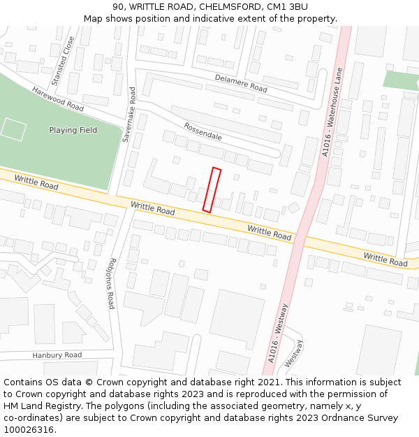 90, WRITTLE ROAD, CHELMSFORD, CM1 3BU: Location map and indicative extent of plot