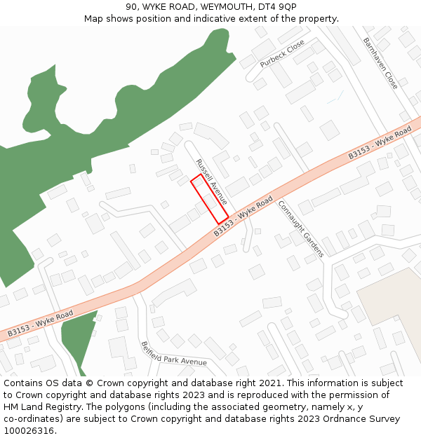 90, WYKE ROAD, WEYMOUTH, DT4 9QP: Location map and indicative extent of plot