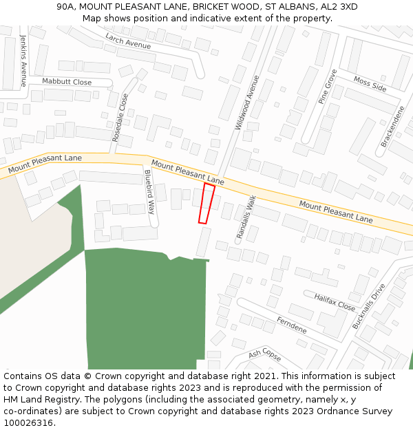 90A, MOUNT PLEASANT LANE, BRICKET WOOD, ST ALBANS, AL2 3XD: Location map and indicative extent of plot