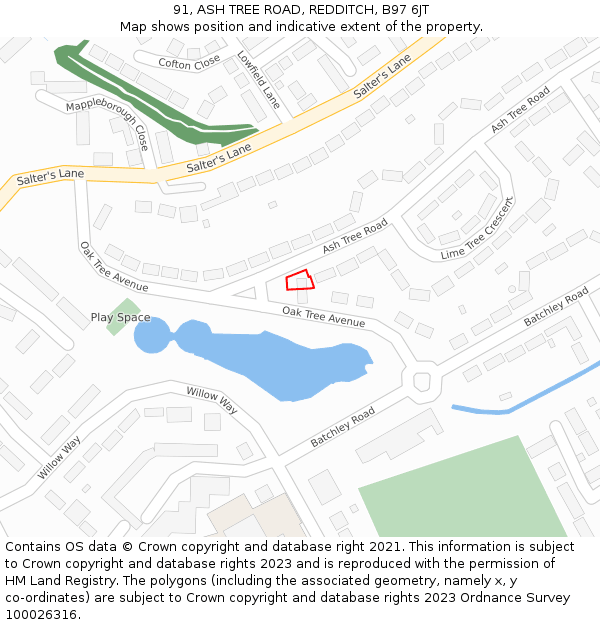 91, ASH TREE ROAD, REDDITCH, B97 6JT: Location map and indicative extent of plot