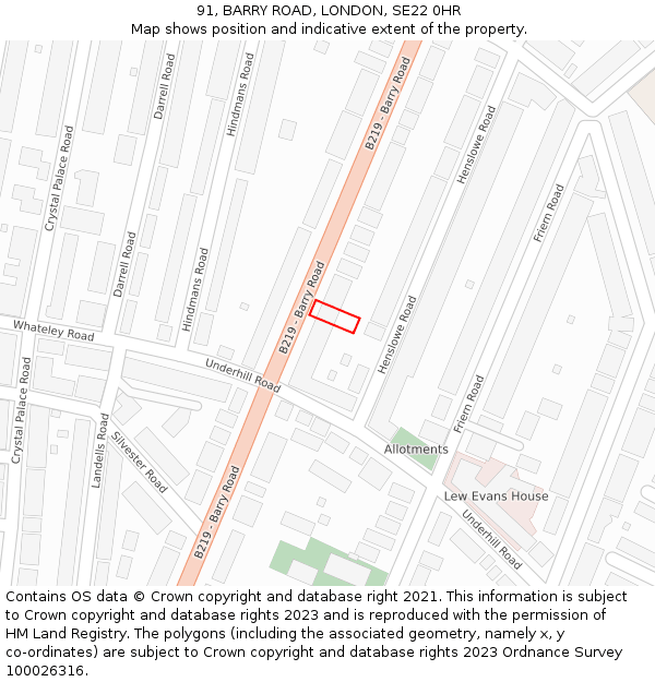 91, BARRY ROAD, LONDON, SE22 0HR: Location map and indicative extent of plot