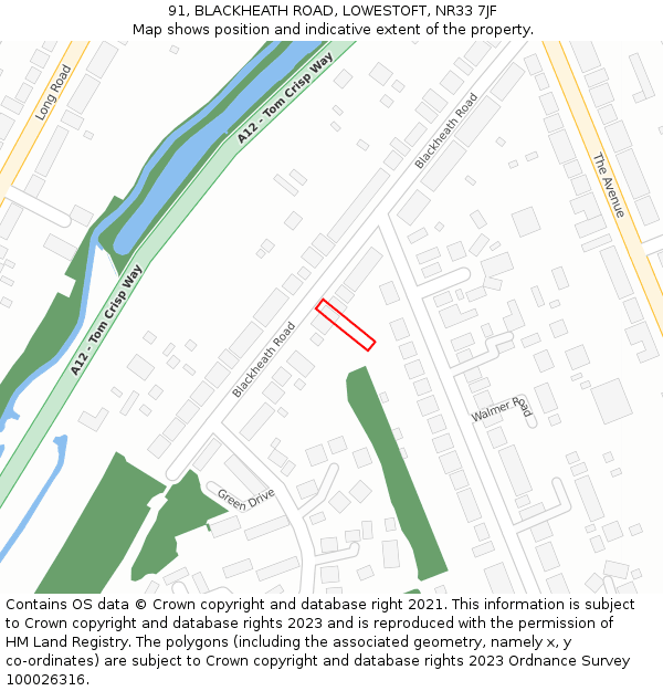 91, BLACKHEATH ROAD, LOWESTOFT, NR33 7JF: Location map and indicative extent of plot