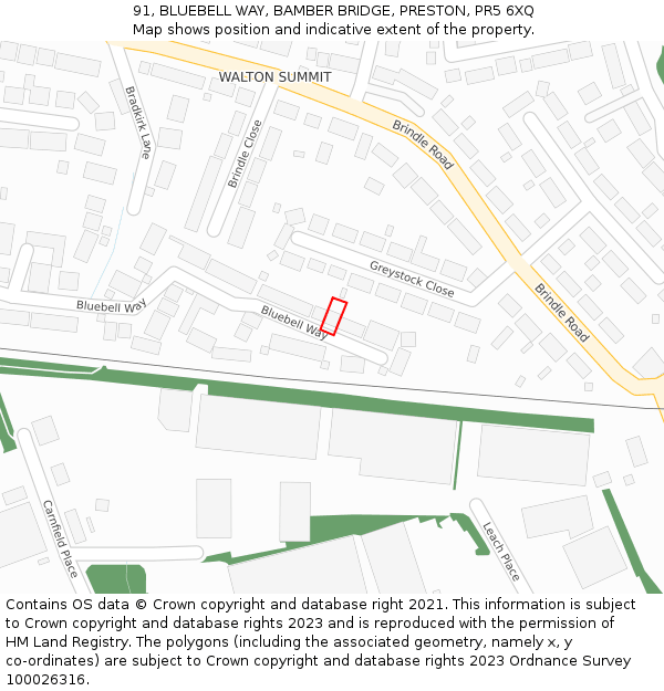 91, BLUEBELL WAY, BAMBER BRIDGE, PRESTON, PR5 6XQ: Location map and indicative extent of plot