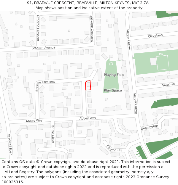 91, BRADVUE CRESCENT, BRADVILLE, MILTON KEYNES, MK13 7AH: Location map and indicative extent of plot