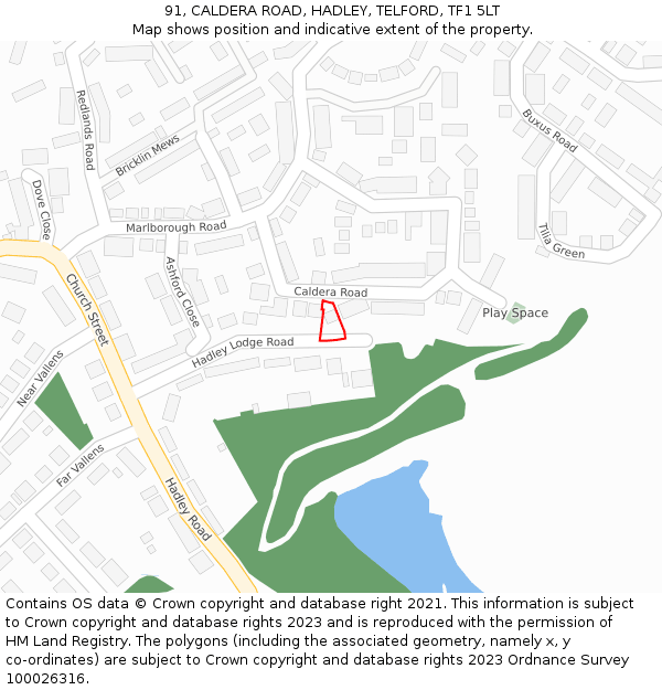 91, CALDERA ROAD, HADLEY, TELFORD, TF1 5LT: Location map and indicative extent of plot