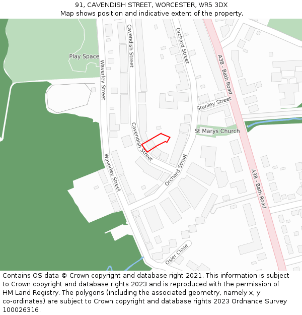 91, CAVENDISH STREET, WORCESTER, WR5 3DX: Location map and indicative extent of plot