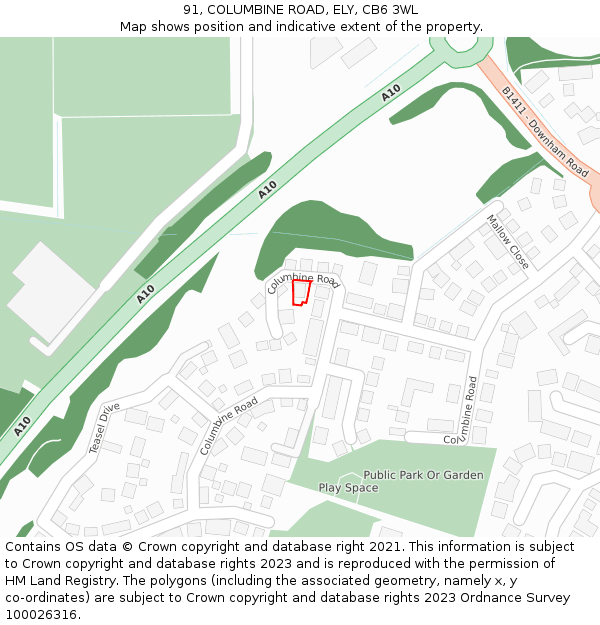 91, COLUMBINE ROAD, ELY, CB6 3WL: Location map and indicative extent of plot