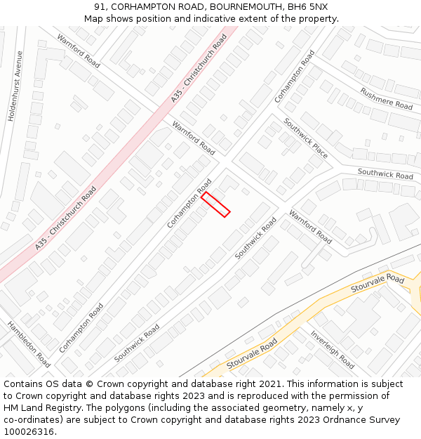 91, CORHAMPTON ROAD, BOURNEMOUTH, BH6 5NX: Location map and indicative extent of plot