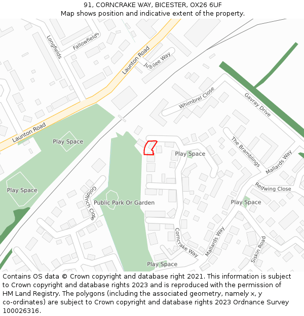 91, CORNCRAKE WAY, BICESTER, OX26 6UF: Location map and indicative extent of plot