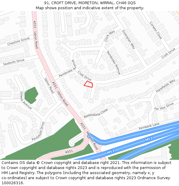 91, CROFT DRIVE, MORETON, WIRRAL, CH46 0QS: Location map and indicative extent of plot