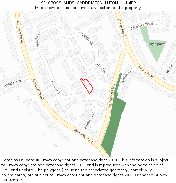 91, CROSSLANDS, CADDINGTON, LUTON, LU1 4EP: Location map and indicative extent of plot