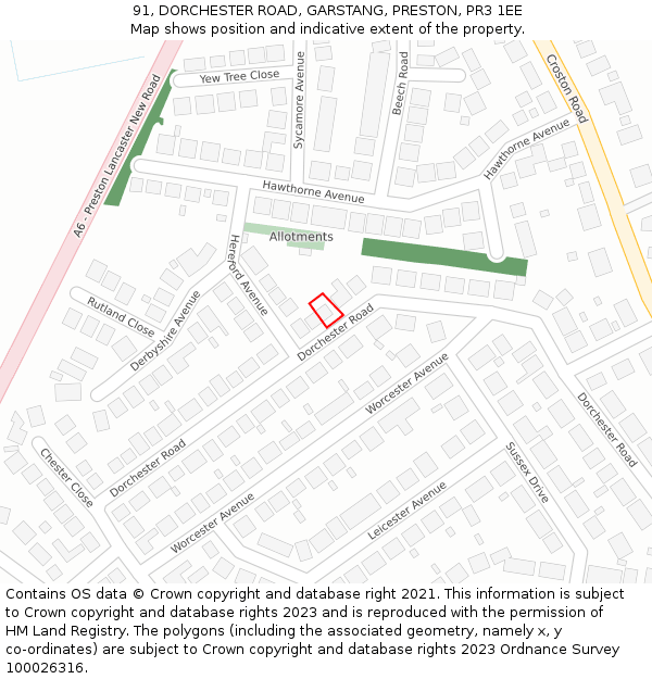 91, DORCHESTER ROAD, GARSTANG, PRESTON, PR3 1EE: Location map and indicative extent of plot