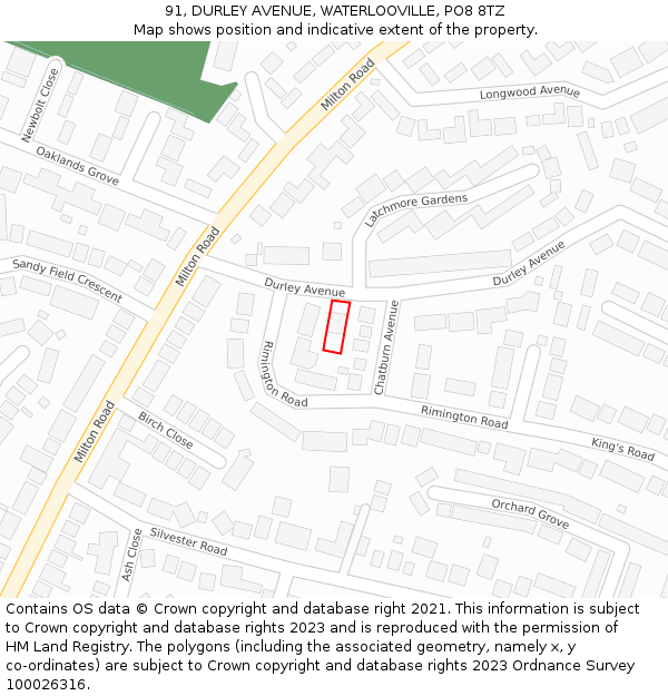 91, DURLEY AVENUE, WATERLOOVILLE, PO8 8TZ: Location map and indicative extent of plot