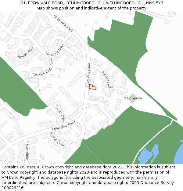 91, EBBW VALE ROAD, IRTHLINGBOROUGH, WELLINGBOROUGH, NN9 5YB: Location map and indicative extent of plot