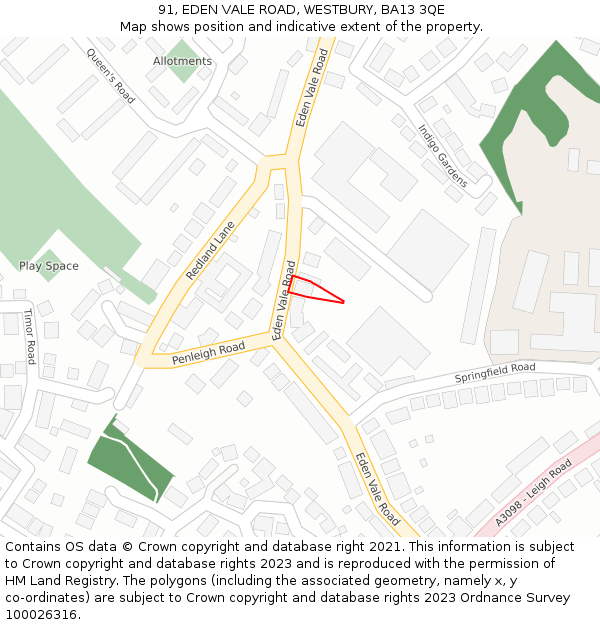 91, EDEN VALE ROAD, WESTBURY, BA13 3QE: Location map and indicative extent of plot