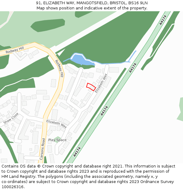 91, ELIZABETH WAY, MANGOTSFIELD, BRISTOL, BS16 9LN: Location map and indicative extent of plot