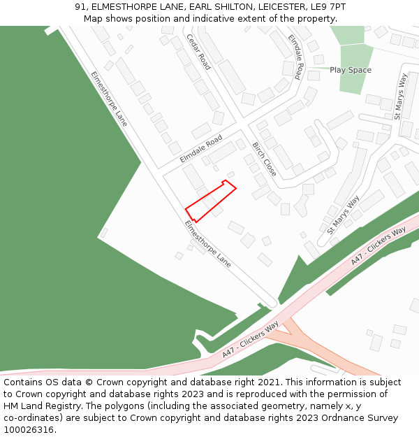 91, ELMESTHORPE LANE, EARL SHILTON, LEICESTER, LE9 7PT: Location map and indicative extent of plot