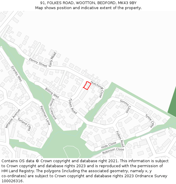 91, FOLKES ROAD, WOOTTON, BEDFORD, MK43 9BY: Location map and indicative extent of plot