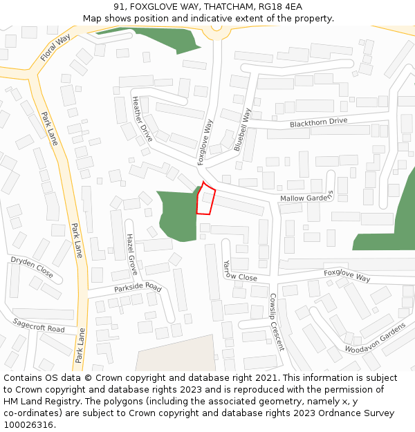 91, FOXGLOVE WAY, THATCHAM, RG18 4EA: Location map and indicative extent of plot