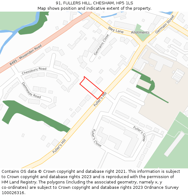 91, FULLERS HILL, CHESHAM, HP5 1LS: Location map and indicative extent of plot