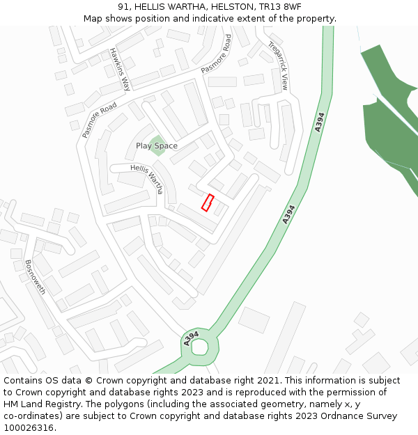 91, HELLIS WARTHA, HELSTON, TR13 8WF: Location map and indicative extent of plot