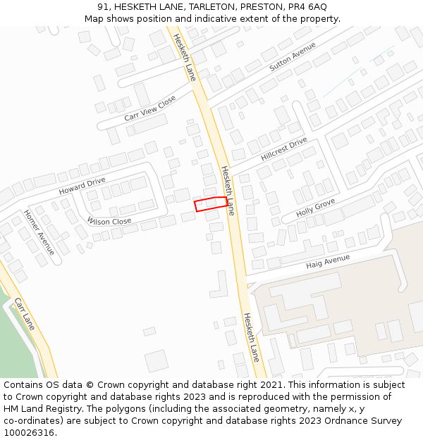 91, HESKETH LANE, TARLETON, PRESTON, PR4 6AQ: Location map and indicative extent of plot