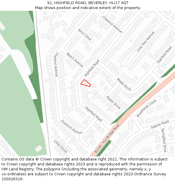 91, HIGHFIELD ROAD, BEVERLEY, HU17 9QT: Location map and indicative extent of plot