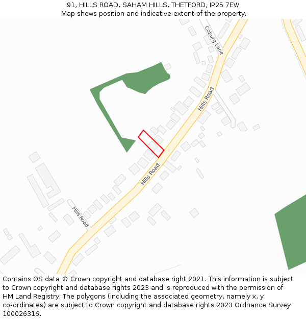 91, HILLS ROAD, SAHAM HILLS, THETFORD, IP25 7EW: Location map and indicative extent of plot