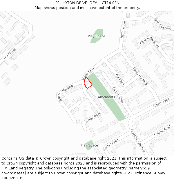 91, HYTON DRIVE, DEAL, CT14 9FN: Location map and indicative extent of plot