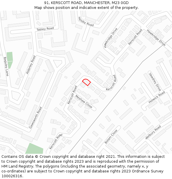 91, KERSCOTT ROAD, MANCHESTER, M23 0GD: Location map and indicative extent of plot