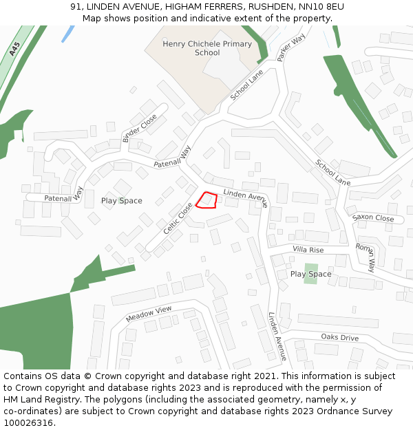 91, LINDEN AVENUE, HIGHAM FERRERS, RUSHDEN, NN10 8EU: Location map and indicative extent of plot