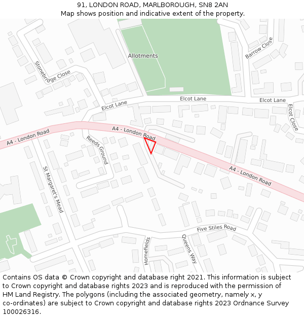 91, LONDON ROAD, MARLBOROUGH, SN8 2AN: Location map and indicative extent of plot
